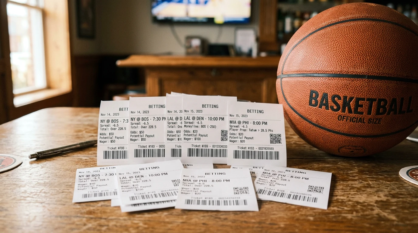 Boletos de apuestas deportivas múltiples sobre mesa con balón de baloncesto