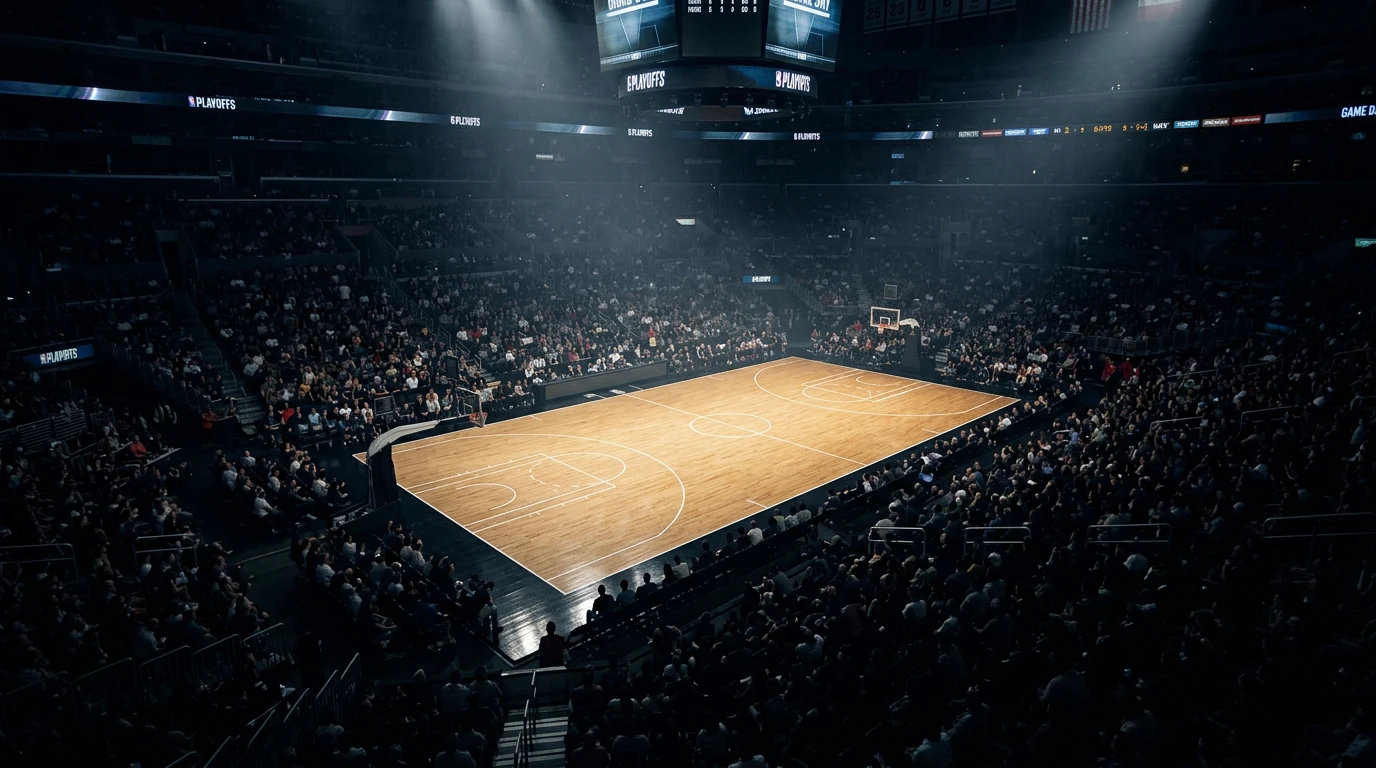 Cancha de baloncesto profesional preparada para partido de playoffs con ambiente intenso