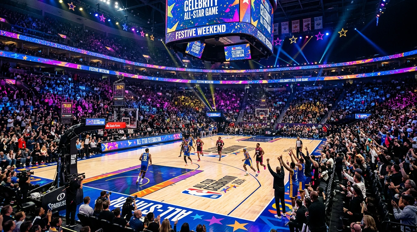 Arena decorada para evento All-Star de baloncesto con iluminación especial