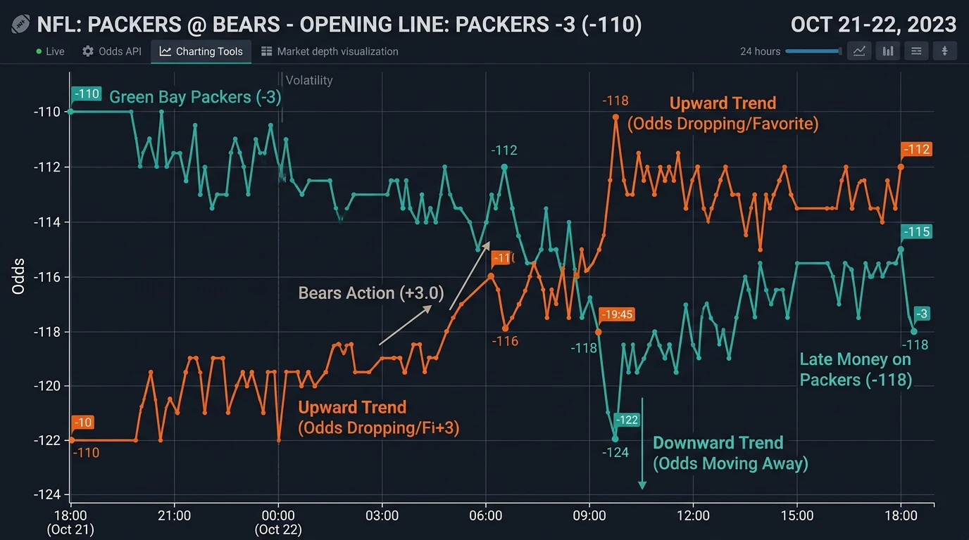 Gráfico mostrando el movimiento de líneas de apuestas a lo largo del tiempo