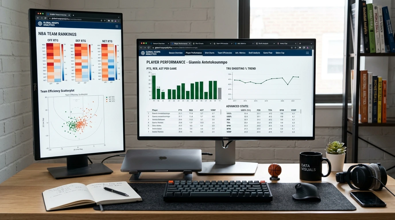 Escritorio con múltiples herramientas de análisis de datos NBA abiertas