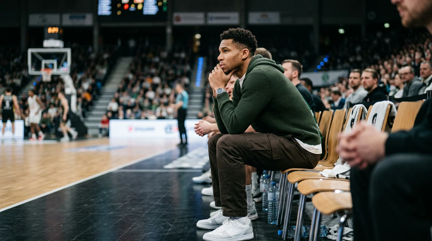 Jugador de baloncesto profesional en el banquillo observando el partido por lesión
