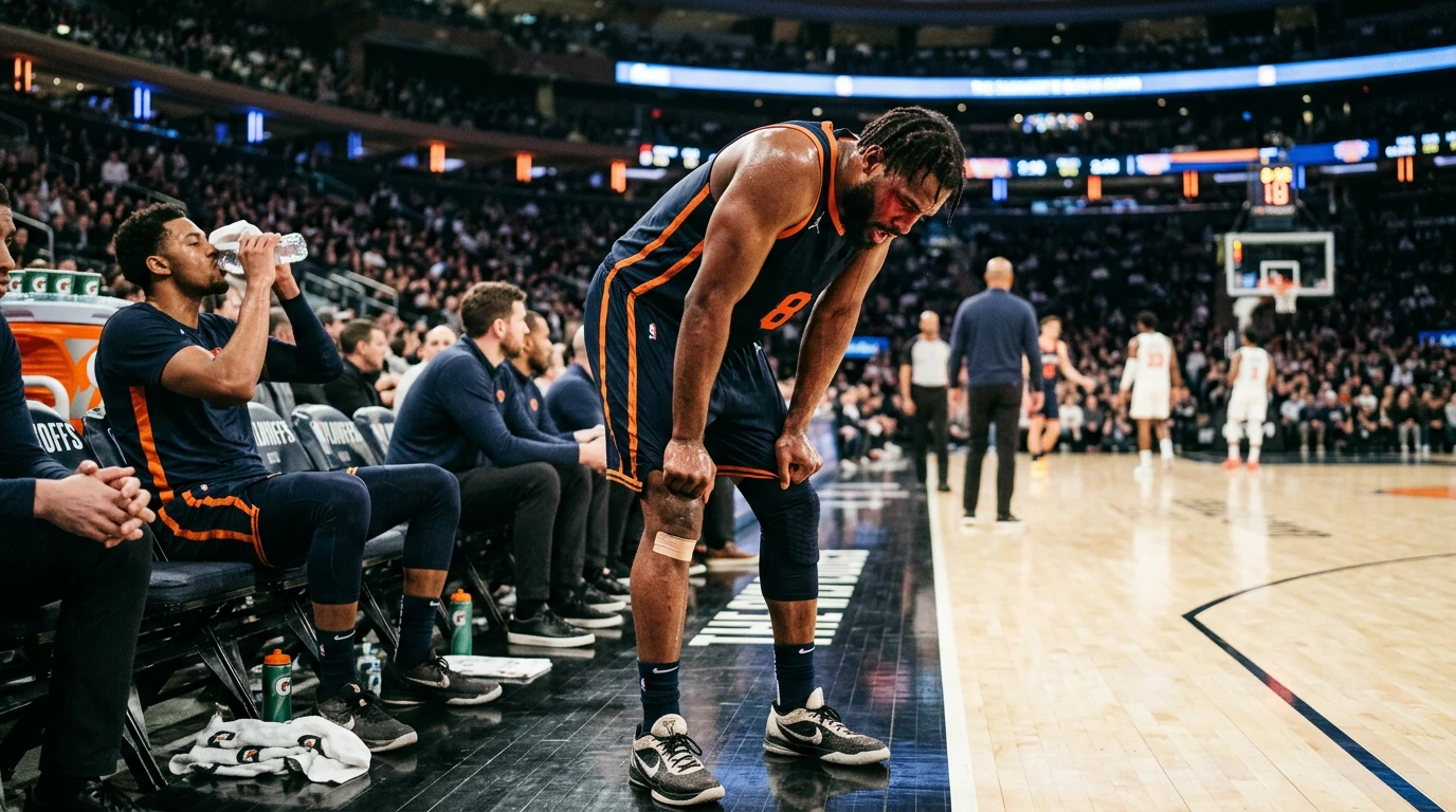 Jugador de baloncesto profesional mostrando fatiga durante tiempo muerto