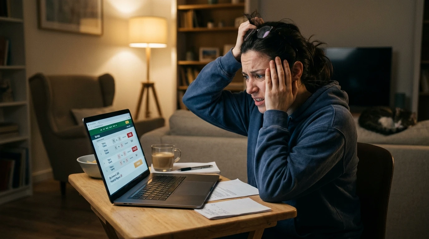 Persona mostrando frustración mientras revisa resultados de apuestas deportivas