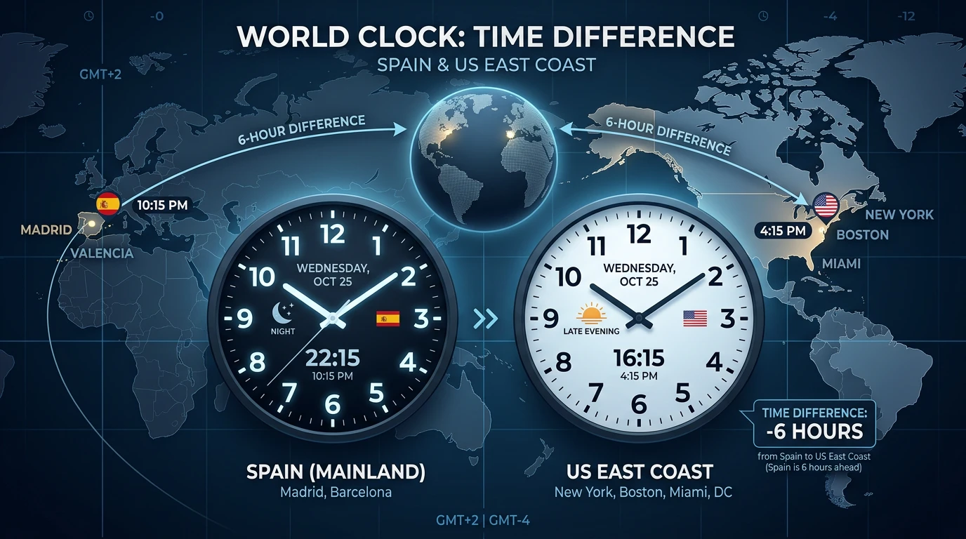 Reloj mostrando diferentes zonas horarias entre España y Estados Unidos