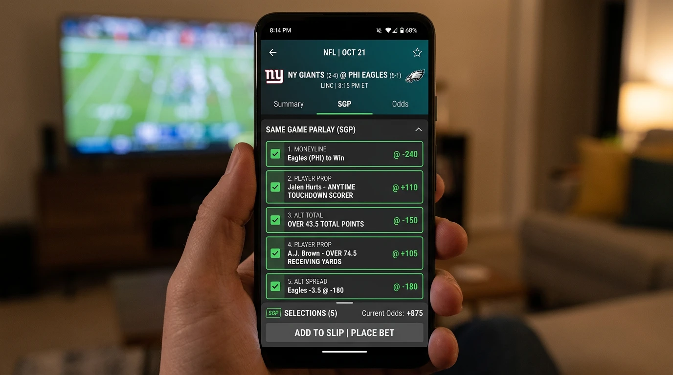 Interfaz de selección de múltiples apuestas para same game parlay