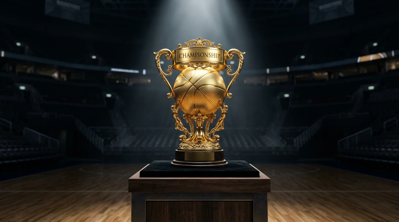 Trofeo de campeonato de baloncesto profesional bajo focos en arena